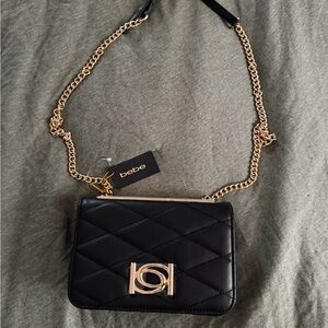 Bebe Quilted Black Crossbody with Gold Chain